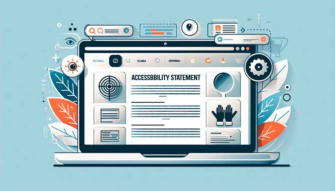 Pantalla de ordenador mostrando ejemplo de declaración de accesibilidad web con iconos inclusivos